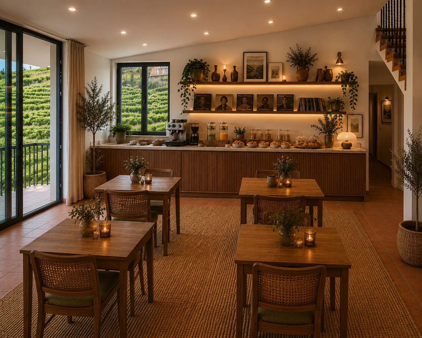 Sala de pequeno-almoço preparada com luz natural e vista para as vinhas.