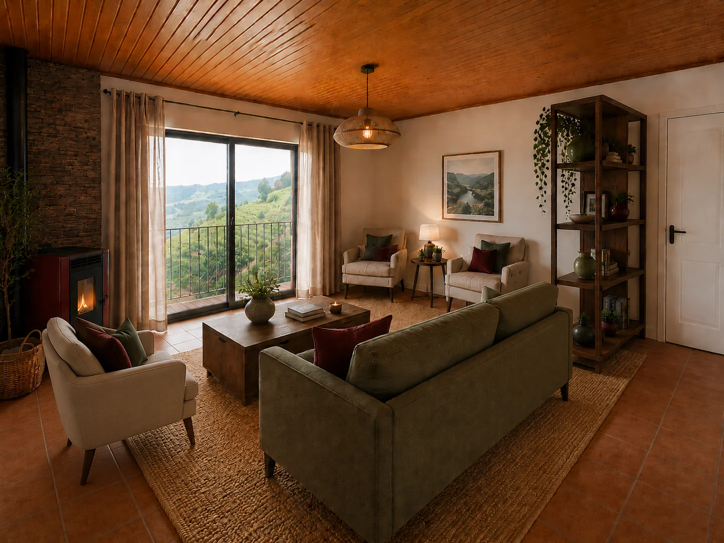 Sala comum com lareira, sofás e vista sobre a paisagem.